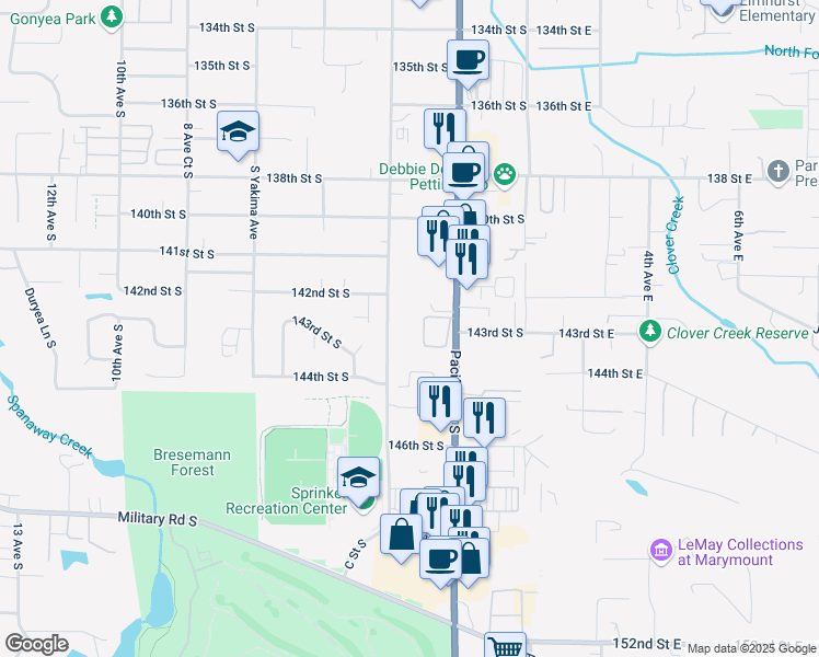 map of restaurants, bars, coffee shops, grocery stores, and more near 14216 Pacific Avenue South in Tacoma