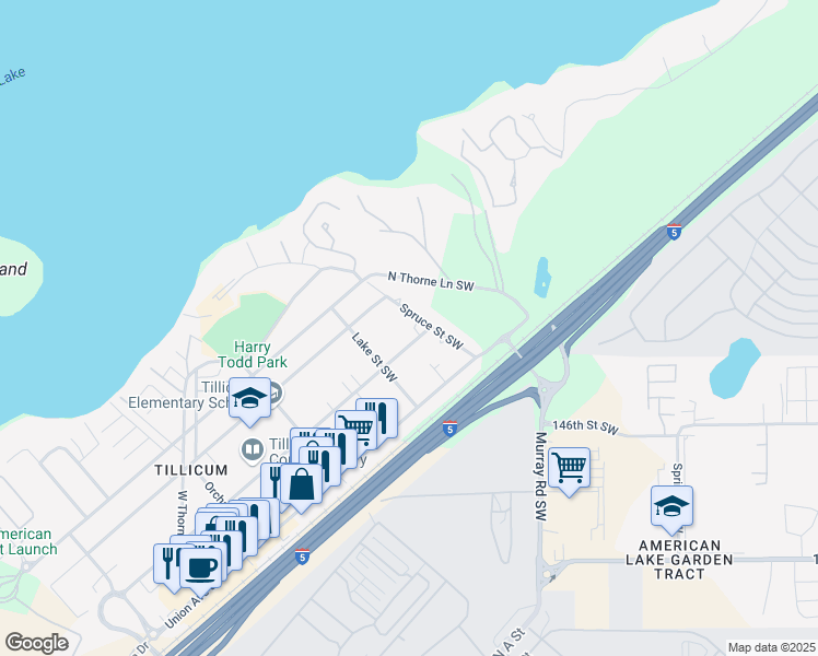 map of restaurants, bars, coffee shops, grocery stores, and more near 14428 Washington Avenue Southwest in Tacoma