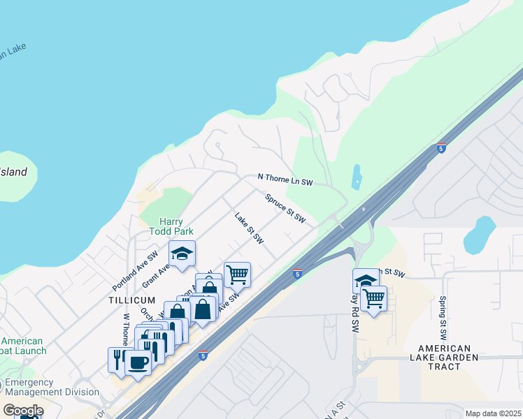 map of restaurants, bars, coffee shops, grocery stores, and more near 14428 Washington Avenue Southwest in Tacoma