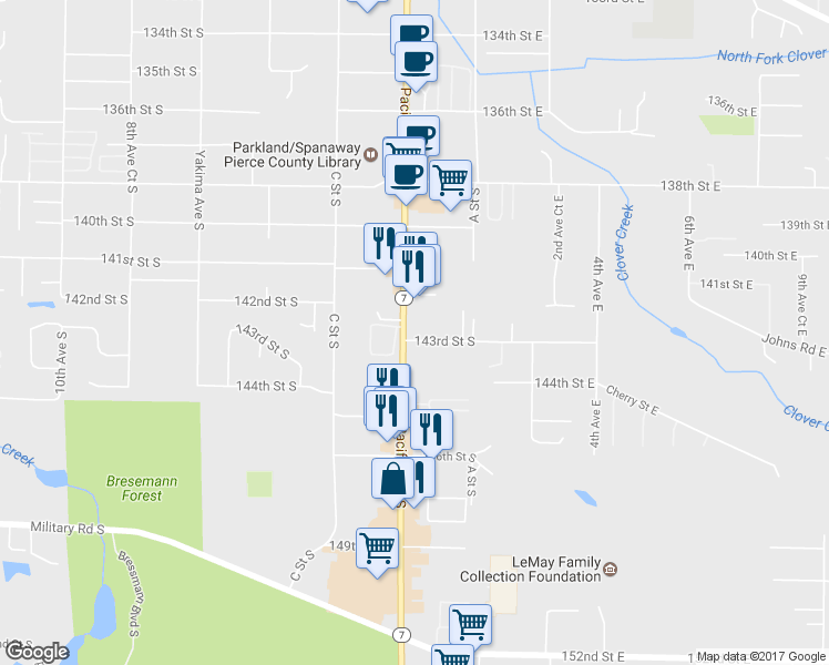map of restaurants, bars, coffee shops, grocery stores, and more near 14215 Pacific Avenue South in Tacoma