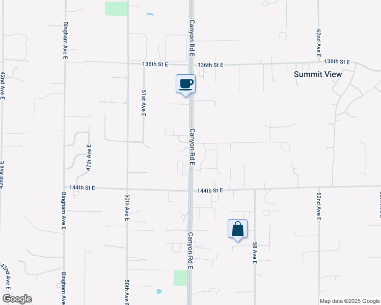 map of restaurants, bars, coffee shops, grocery stores, and more near 345 Canyon Road East in Puyallup