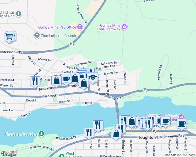 map of restaurants, bars, coffee shops, grocery stores, and more near Dunstan Street in Hancock