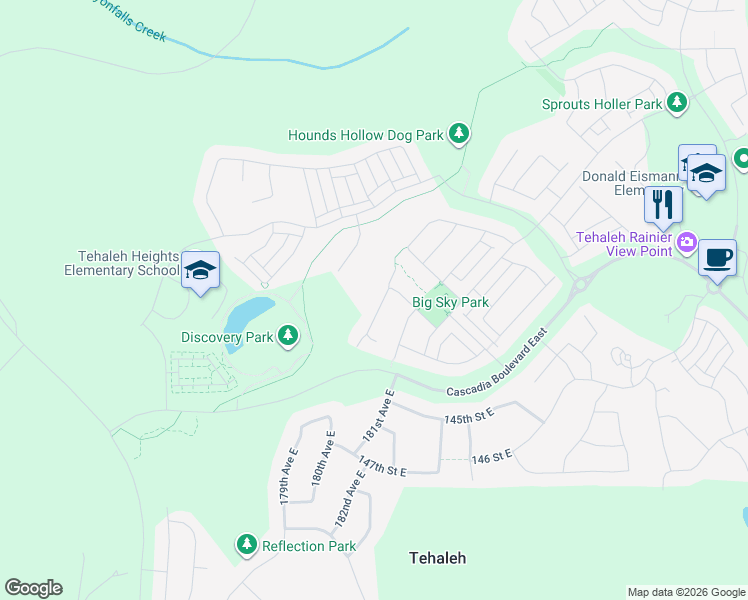 map of restaurants, bars, coffee shops, grocery stores, and more near 18115 133rd Street East in Bonney Lake