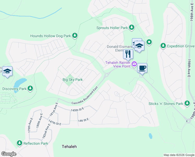 map of restaurants, bars, coffee shops, grocery stores, and more near 13808 185th Avenue East in Bonney Lake