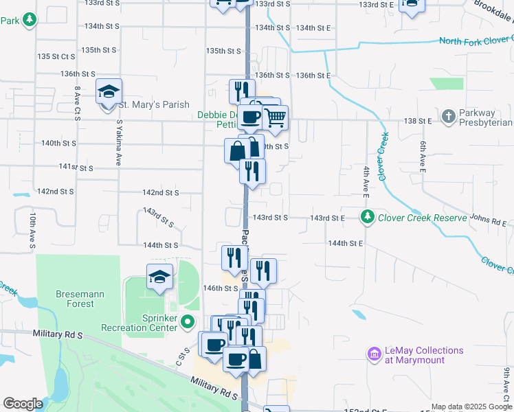 map of restaurants, bars, coffee shops, grocery stores, and more near 14209 Pacific Avenue South in Tacoma