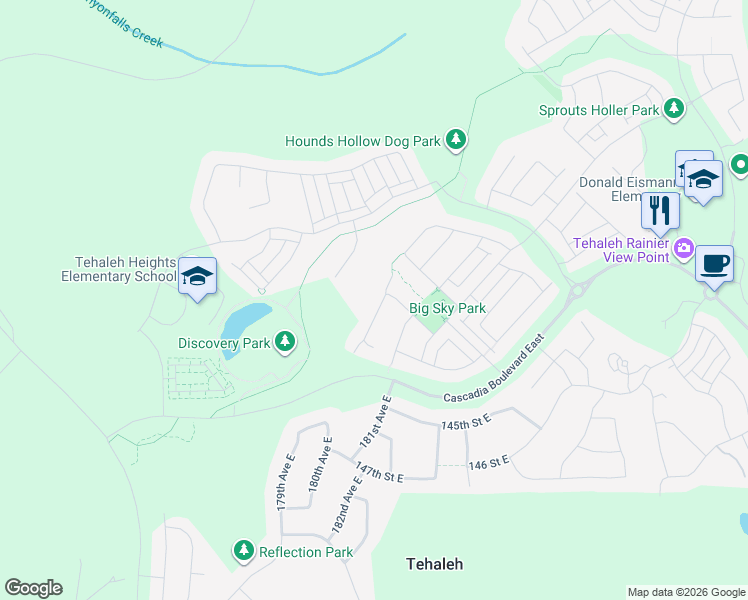 map of restaurants, bars, coffee shops, grocery stores, and more near 18121 133rd Street East in Bonney Lake