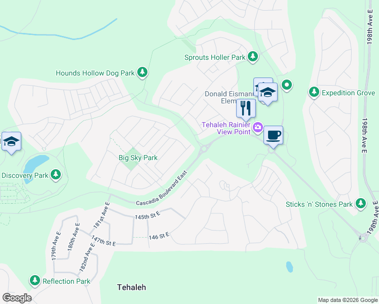 map of restaurants, bars, coffee shops, grocery stores, and more near 18510 139th Street East in Bonney Lake