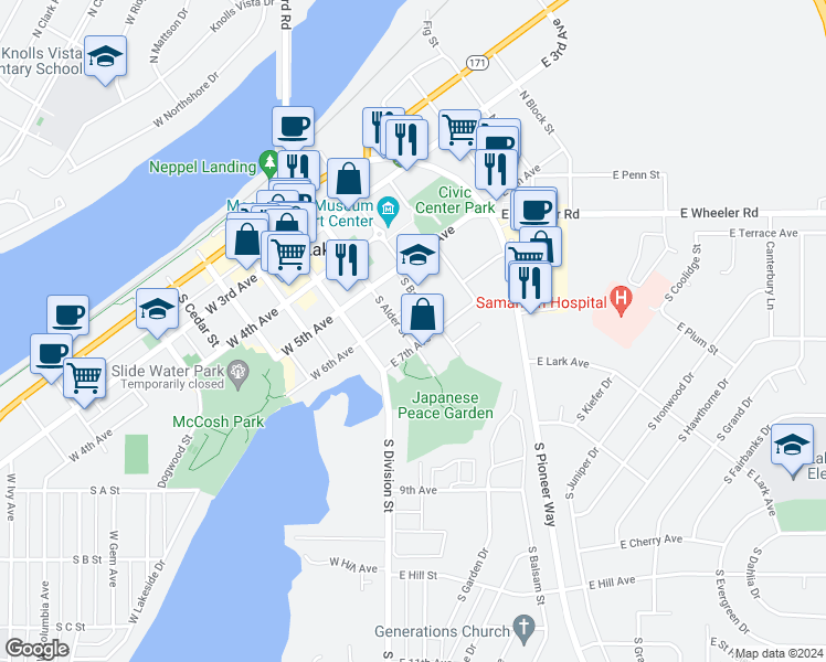 map of restaurants, bars, coffee shops, grocery stores, and more near 523 South Alder Street in Moses Lake