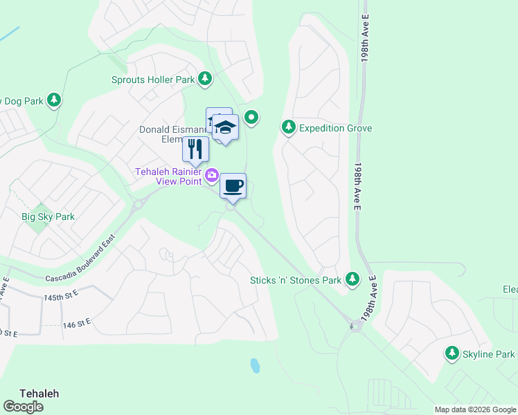 map of restaurants, bars, coffee shops, grocery stores, and more near 19613 141st Street Court East in Bonney Lake
