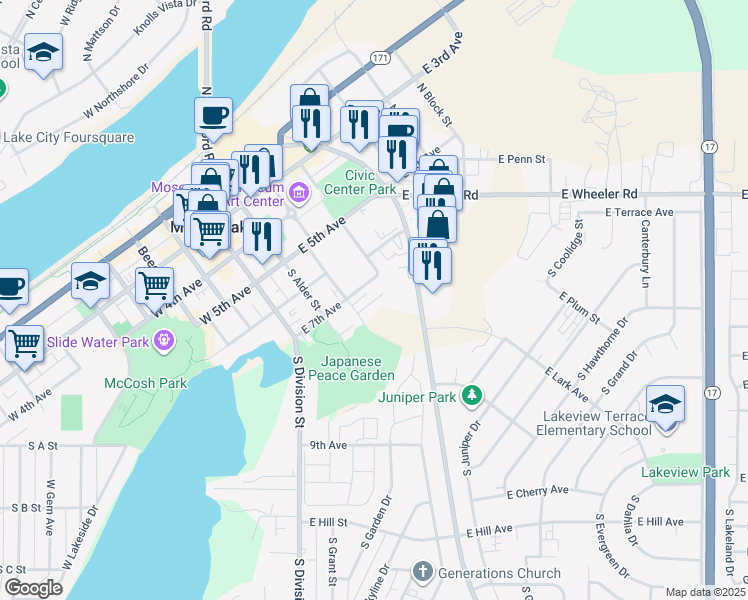 map of restaurants, bars, coffee shops, grocery stores, and more near 611 South Chestnut Street in Moses Lake