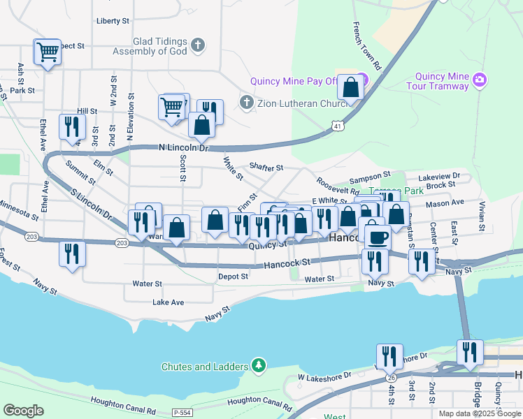 map of restaurants, bars, coffee shops, grocery stores, and more near 613-699 Finn Street in Hancock