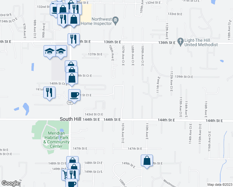 map of restaurants, bars, coffee shops, grocery stores, and more near 14107 106th Avenue Court East in Puyallup