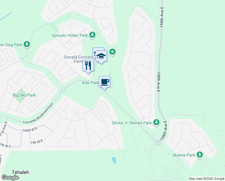 map of restaurants, bars, coffee shops, grocery stores, and more near 141st Street Court East in Tehaleh