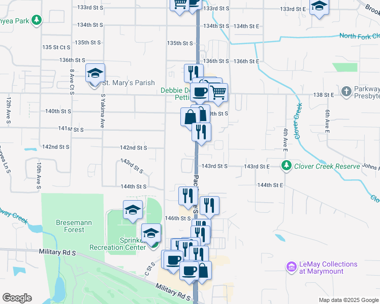 map of restaurants, bars, coffee shops, grocery stores, and more near 14208 Pacific Avenue South in Tacoma