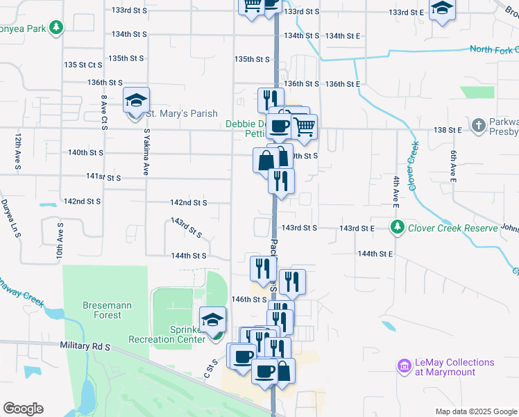 map of restaurants, bars, coffee shops, grocery stores, and more near 14207 C Street South in Tacoma