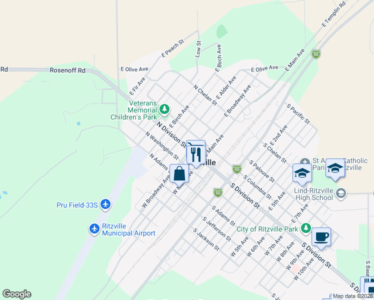map of restaurants, bars, coffee shops, grocery stores, and more near 316-398 North Division Street in Ritzville