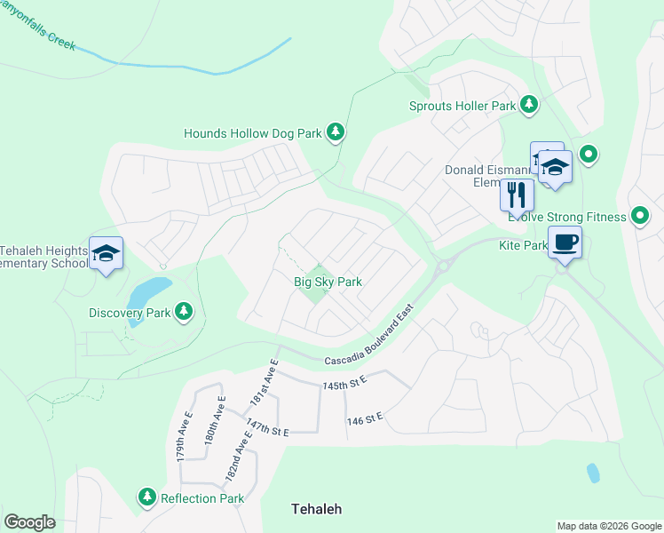 map of restaurants, bars, coffee shops, grocery stores, and more near 18332 135th Street East in Bonney Lake
