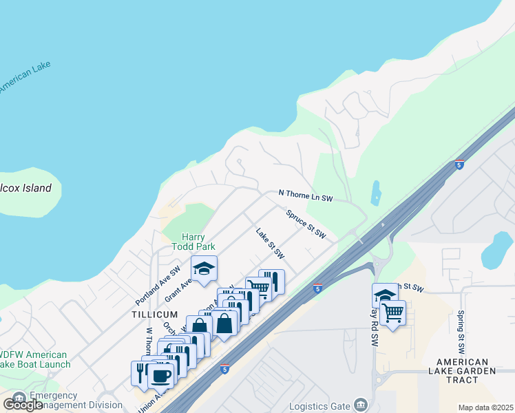 map of restaurants, bars, coffee shops, grocery stores, and more near 14417 Portland Avenue Southwest in Lakewood