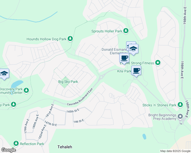 map of restaurants, bars, coffee shops, grocery stores, and more near 18510 139th Street East in Bonney Lake