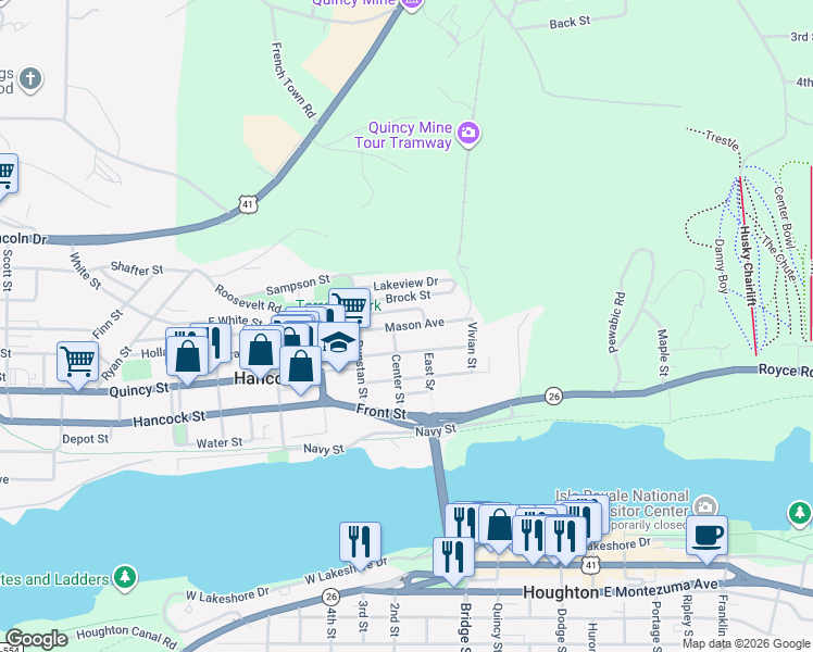map of restaurants, bars, coffee shops, grocery stores, and more near Mason Avenue in Hancock