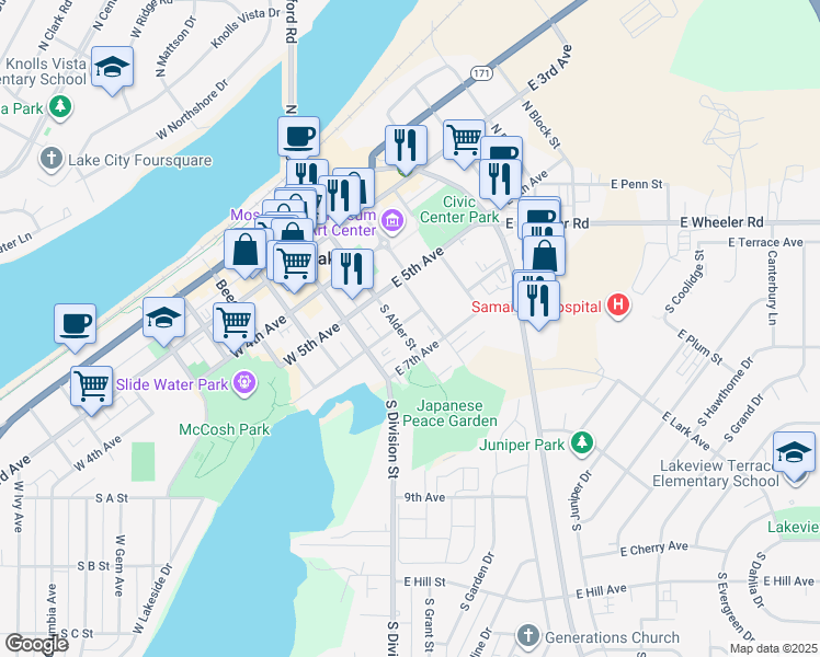map of restaurants, bars, coffee shops, grocery stores, and more near 523 South Alder Street in Moses Lake