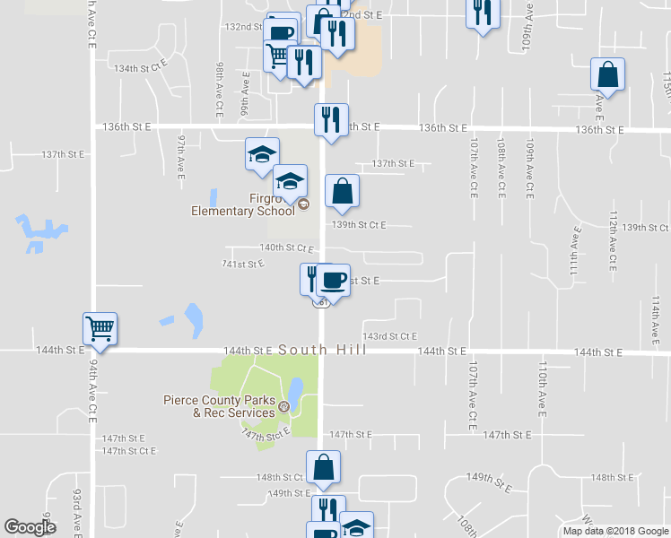 map of restaurants, bars, coffee shops, grocery stores, and more near 14107 Meridian Avenue East in Puyallup