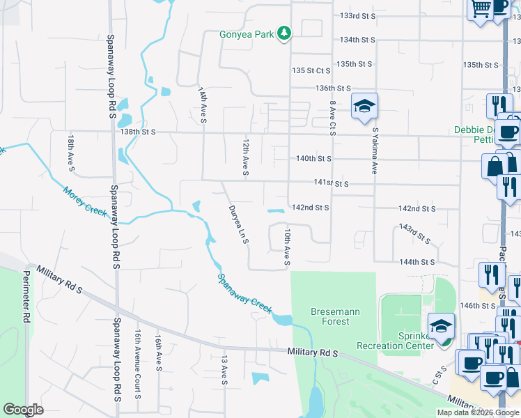 map of restaurants, bars, coffee shops, grocery stores, and more near 1022 141st Street South in Tacoma