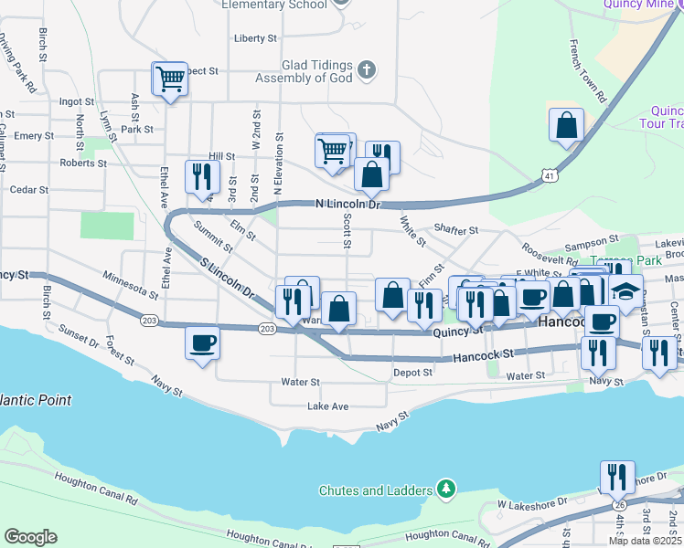 map of restaurants, bars, coffee shops, grocery stores, and more near 801 Summit Street in Hancock