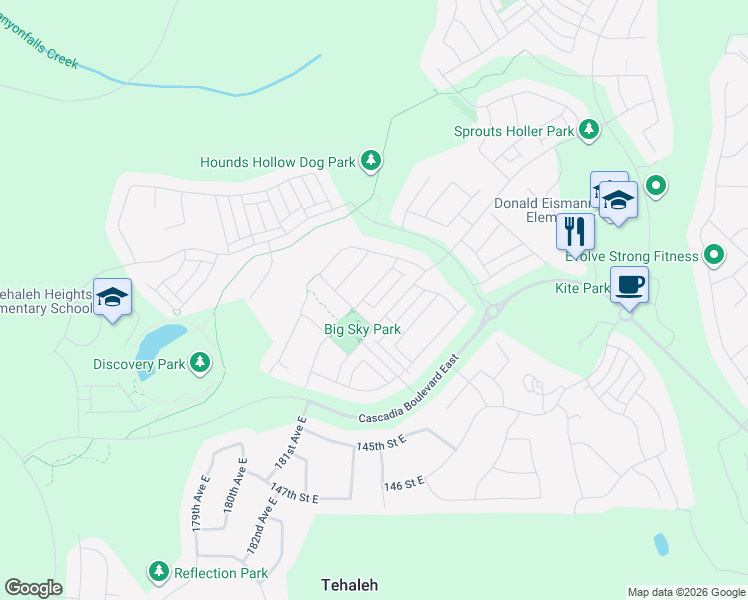 map of restaurants, bars, coffee shops, grocery stores, and more near 18332 135th Street East in Bonney Lake