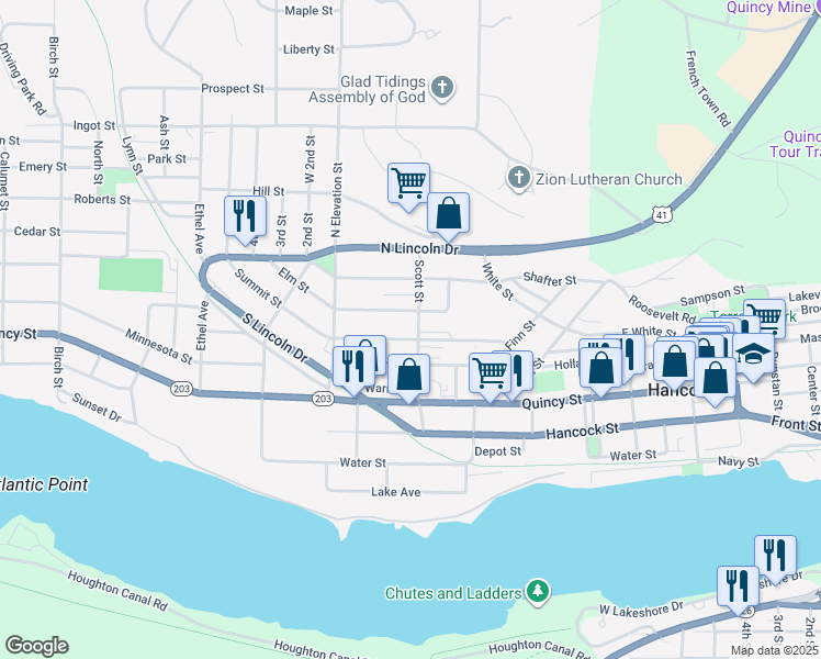 map of restaurants, bars, coffee shops, grocery stores, and more near 801 Summit Street in Hancock