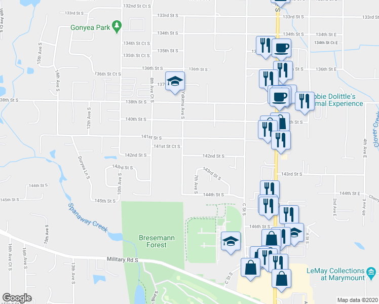 map of restaurants, bars, coffee shops, grocery stores, and more near 715 142nd Street South in Tacoma