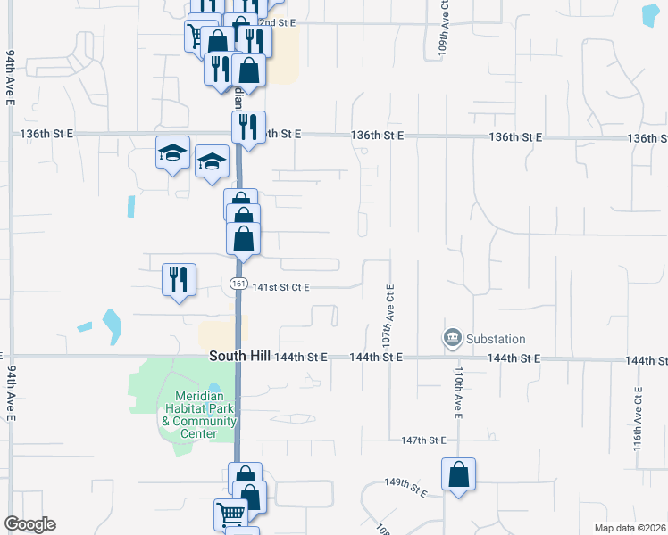 map of restaurants, bars, coffee shops, grocery stores, and more near 10520 140th Street Court East in Puyallup