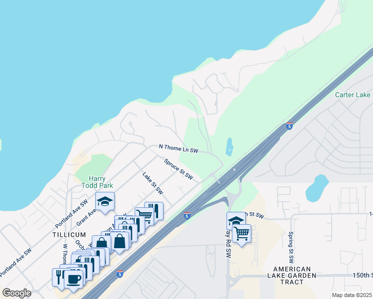 map of restaurants, bars, coffee shops, grocery stores, and more near North Thorne Lane Southwest in Lakewood