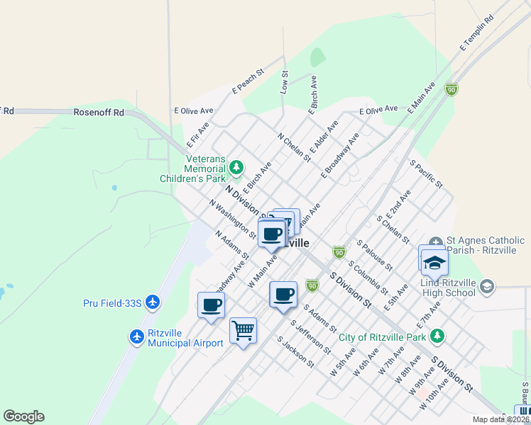 map of restaurants, bars, coffee shops, grocery stores, and more near 316 North Division Street in Ritzville