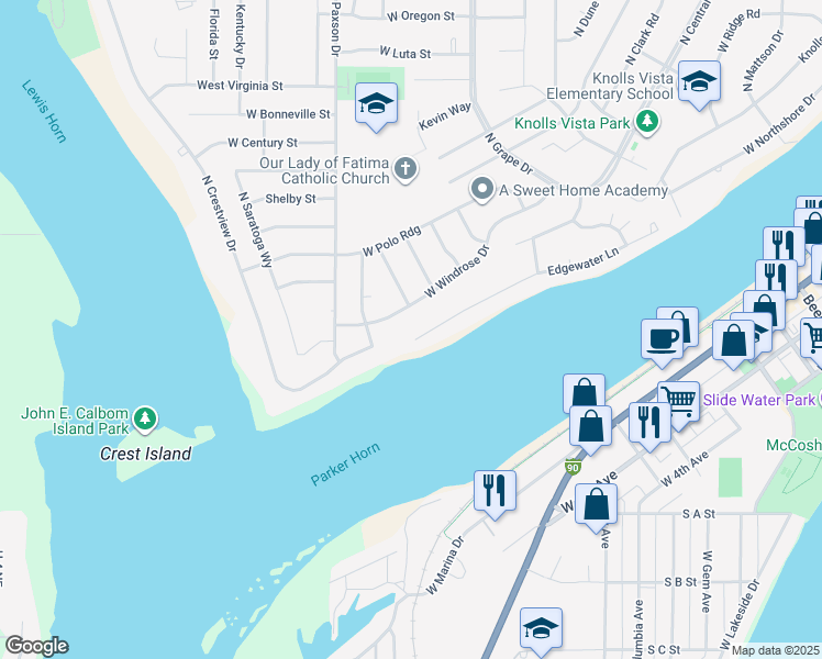 map of restaurants, bars, coffee shops, grocery stores, and more near 1050 Edgewater Lane in Moses Lake
