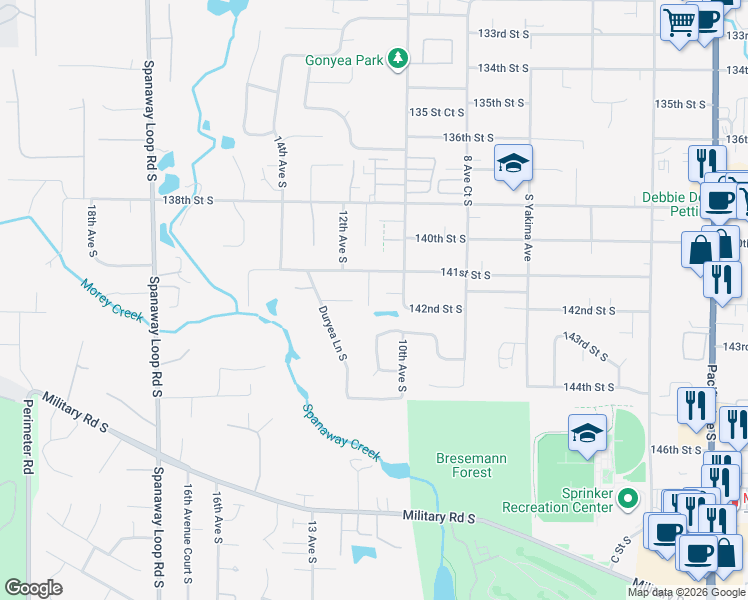 map of restaurants, bars, coffee shops, grocery stores, and more near 1022 141st Street South in Tacoma