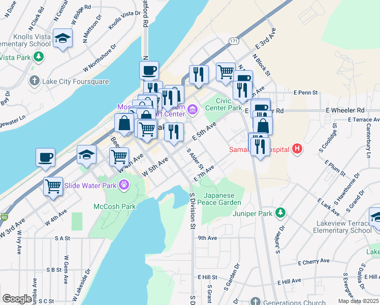map of restaurants, bars, coffee shops, grocery stores, and more near 523 South Alder Street in Moses Lake