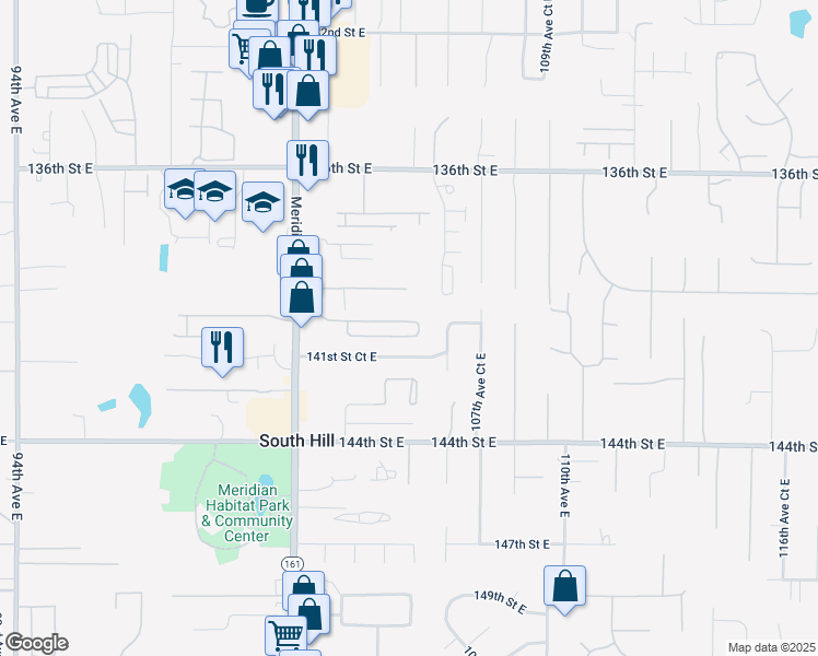 map of restaurants, bars, coffee shops, grocery stores, and more near 10520 140th Street Court East in Puyallup