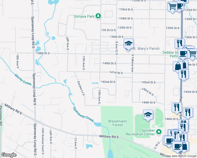 map of restaurants, bars, coffee shops, grocery stores, and more near 14100 J Street South in Parkland