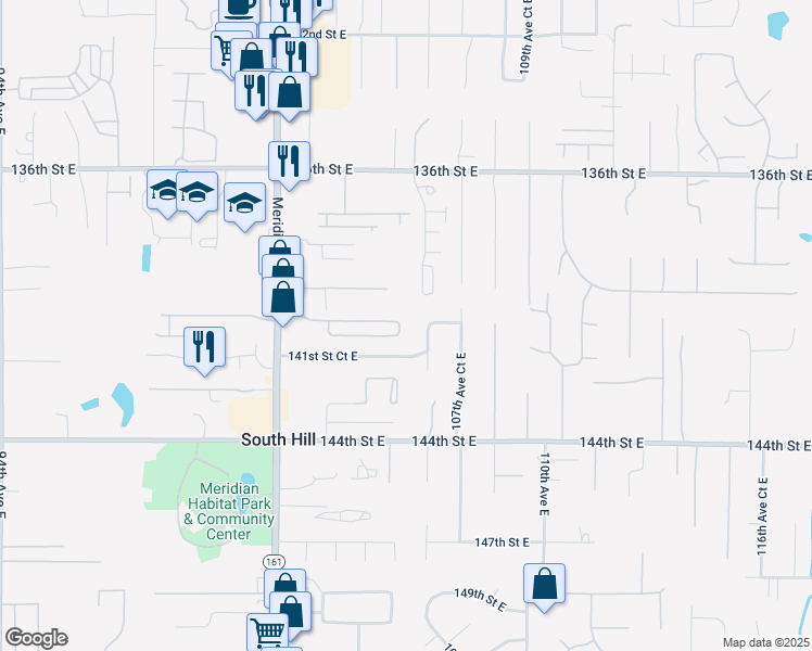 map of restaurants, bars, coffee shops, grocery stores, and more near 10520 140th Street Court East in Puyallup