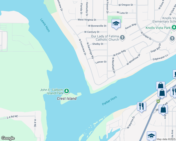 map of restaurants, bars, coffee shops, grocery stores, and more near 302 North Crestview Drive in Moses Lake
