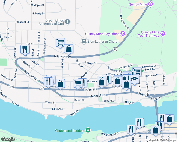 map of restaurants, bars, coffee shops, grocery stores, and more near 699 Finn St in Hancock
