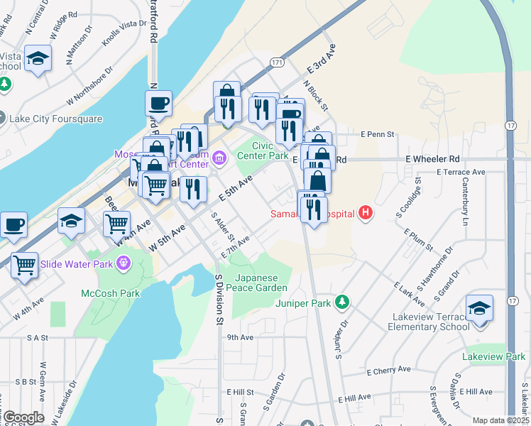 map of restaurants, bars, coffee shops, grocery stores, and more near 611 South Chestnut Street in Moses Lake