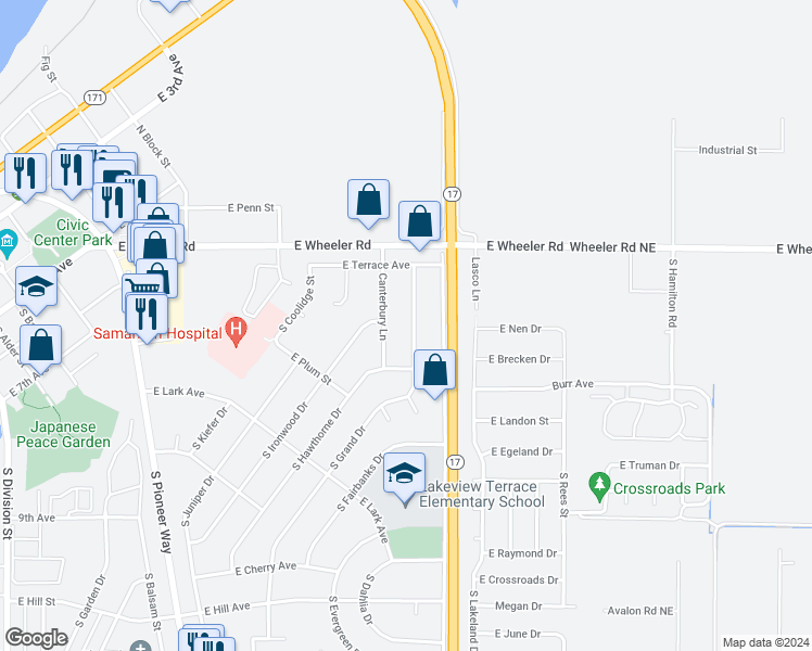 map of restaurants, bars, coffee shops, grocery stores, and more near 544 South Grand Drive in Moses Lake