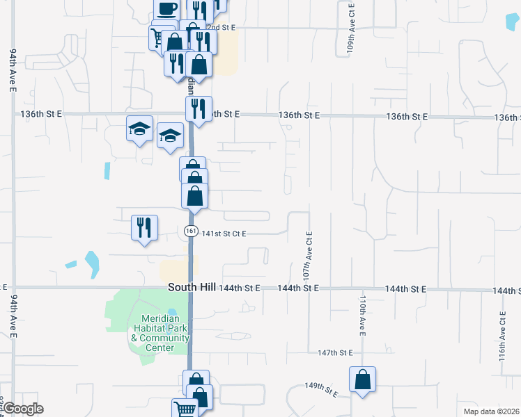 map of restaurants, bars, coffee shops, grocery stores, and more near 10511 140th Street Court East in Puyallup