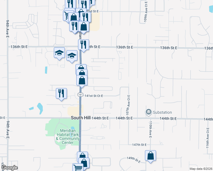 map of restaurants, bars, coffee shops, grocery stores, and more near 10511 140th St Ct E in Puyallup