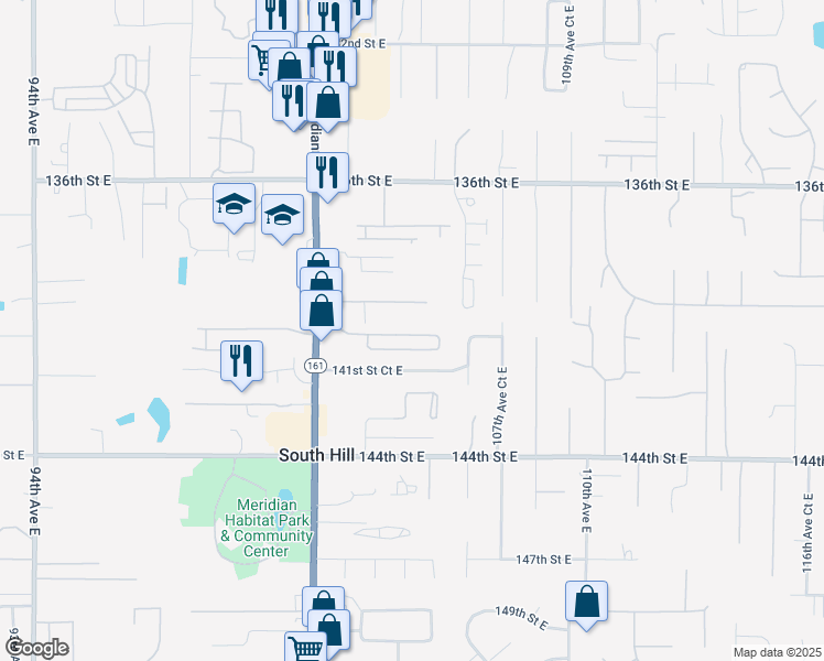 map of restaurants, bars, coffee shops, grocery stores, and more near 10520 140th Street Court East in Puyallup