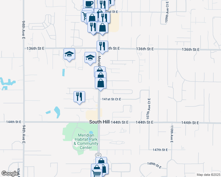 map of restaurants, bars, coffee shops, grocery stores, and more near 14107 Meridian Avenue East in Puyallup