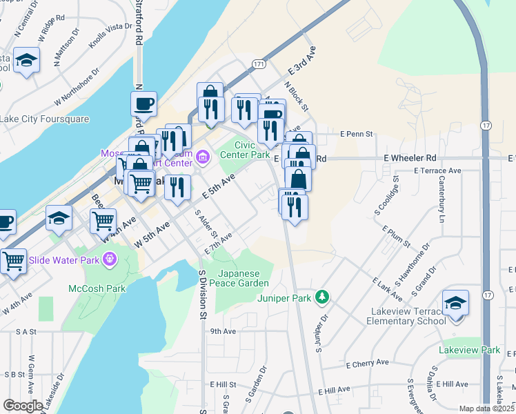 map of restaurants, bars, coffee shops, grocery stores, and more near 611 South Chestnut Street in Moses Lake