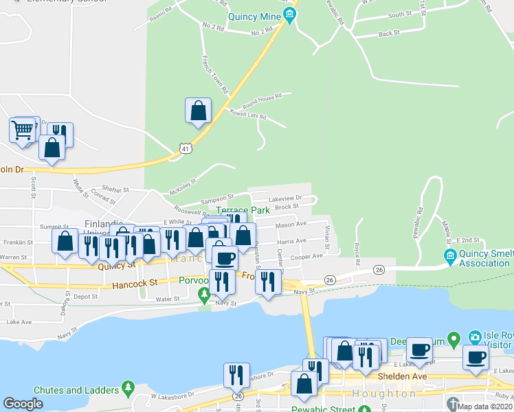 map of restaurants, bars, coffee shops, grocery stores, and more near 200 East White Street in Hancock